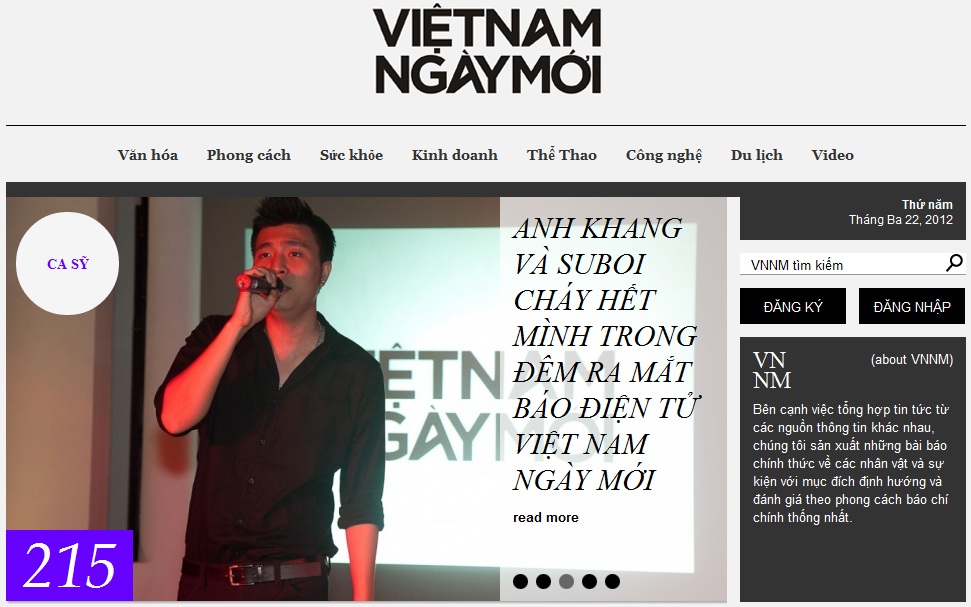 Một góc giao diện Trang chủ Vietnamngaymoi.com - được đánh giá là thiết kế có tính thẩm mỹ cao, tinh tế, hiện đại