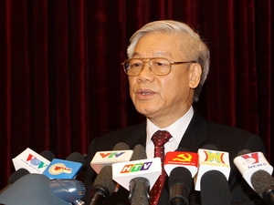 Tổng Bí thư Nguyễn Phú Trọng phát biểu bế mạc Hội nghị. (Ảnh: Trí Dũng/TTXVN)