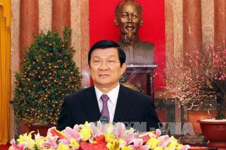 Chủ tịch nước Trương Tấn Sang chúc Tết đồng bào, đồng chí, chiến sỹ cả nước và đồng bào ta ở nước ngoài. (Ảnh: TTXVN)