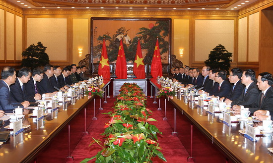Chủ tịch nước CHND Trung Hoa Tập Cận Bình hội đàm với   Chủ tịch nước Trương Tấn Sang chiều 19/6.