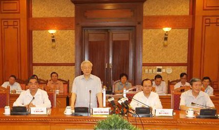 Tổng Bí thư Nguyễn Phú Trọng phát biểu tại buổi làm việc với Ban Thường vụ Tỉnh ủy Hà Giang.