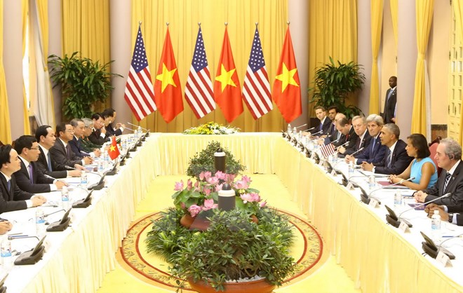 Quang cảnh cuộc hội đàm giữa Chủ tịch nước Trần Đại Quang và Tổng thống Hoa Kỳ Barack Obama. (Ảnh: Nhan Sáng/TTXVN)