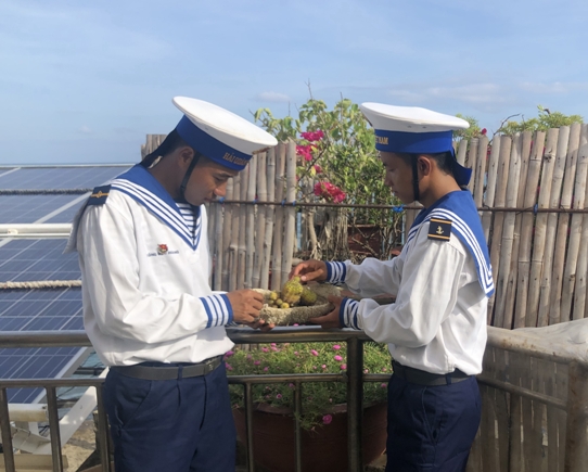 Chiến sỹ trên đảo Tốc Tan C chăm sóc hoa