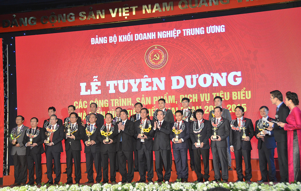 Anh Phạm Hồng Phương (hàng đầu, thứ 2 từ trái sang phải) được Đảng bộ Khối DNTW tôn vinh là điển hình tiên tiến giai đoạn 2011-2015 - Ảnh Xuân Tiến