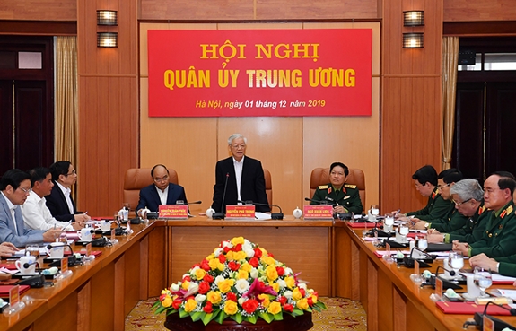 Tổng Bí thư, Chủ tịch nước Nguyễn Phú Trọng, Bí thư Quân ủy Trung ương phát biểu tại Hội nghị.