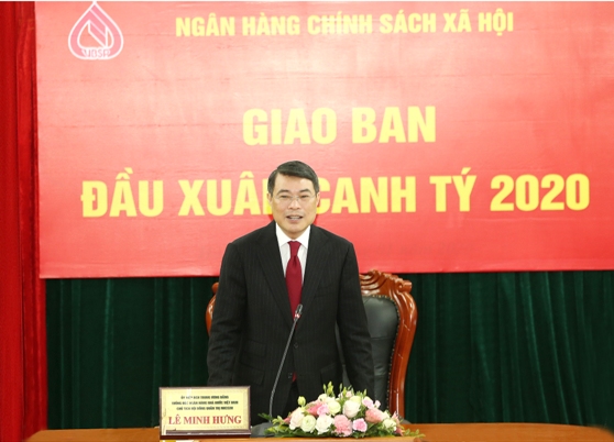 Đồngchí Lê Minh Hưng, Thống đốc NHNN kiêm Chủ tịch HĐQT NHCSXH phát biểu tại buổi giao ban.