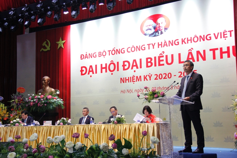 Đồng chí Đặng Ngọc Hoà – tân Bí thư Đảng ủy, Chủ tịch HĐQT TCT Hàng không Việt Nam nhiệm kỳ 2020-2025 phát biểu tại Đại hội. 