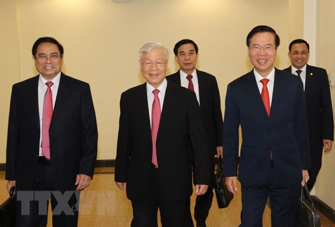 Tổng Bí thư, Chủ tịch nước Nguyễn Phú Trọng cùng các đồng chí lãnh đạo Đảng, Nhà nước đến dự Hội nghị.