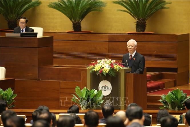 Tổng Bí thư, Chủ tịch nước Nguyễn Phú Trọng trình bày Báo cáo tổng kết công tác nhiệm kỳ 2016-2021 của Chủ tịch nước. 
