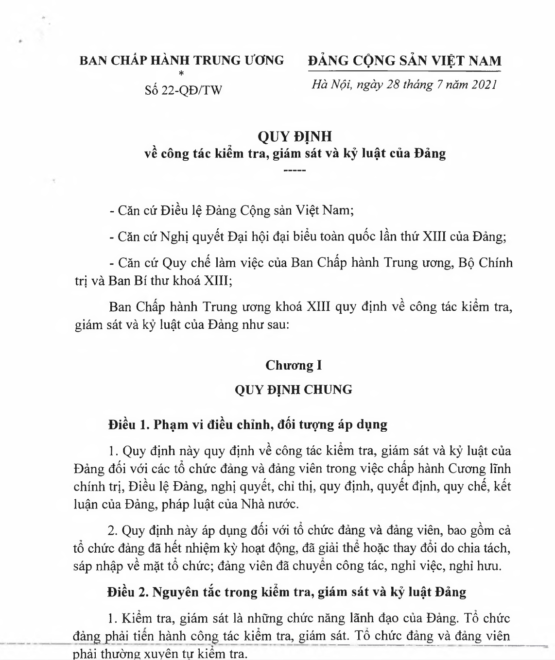 Quy định số 22-QĐ/TW về công tác kiểm tra, giám sát và kỷ luật của Đảng 