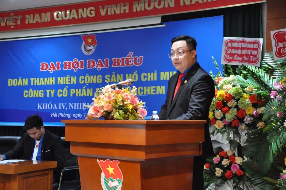 Đồng chí Nguyễn Anh Quyền - Bí thư Đoàn Tập đoàn Hoá chất Việt Nam phát biểu tại Đại hội.