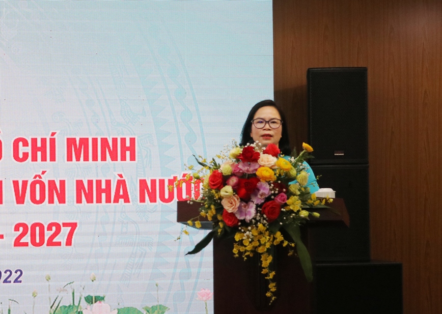 Đồng chí Hoàng Thị Minh Thu, Bí thư Đoàn Khối Doanh nghiệp Trung ương phát biểu tại Hội nghị.