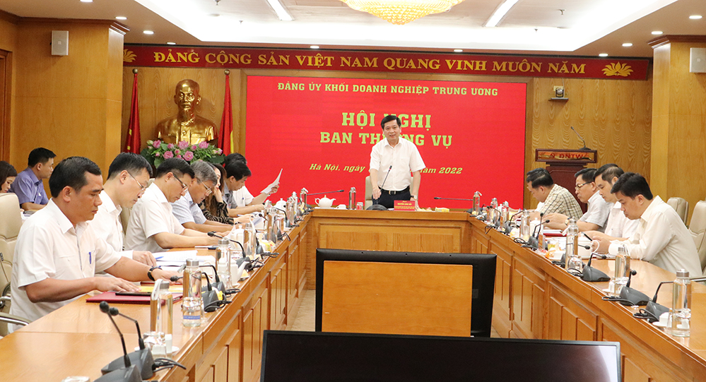 Đồng chí Nguyễn Long Hải, Ủy viên dự khuyết Trung ương Đảng, Bí thư Đảng ủy Khối phát biểu tiếp thu và triển khai các nhiệm vụ 6 tháng cuối năm. chí