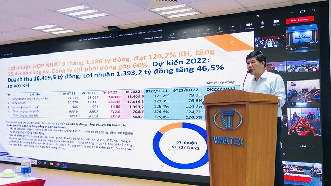 Phó Bí thư Đảng ủy, Tổng Giám đốc Vinatex Cao Hữu Hiếu báo cáo kết quả SXKD 9 tháng năm 2022.