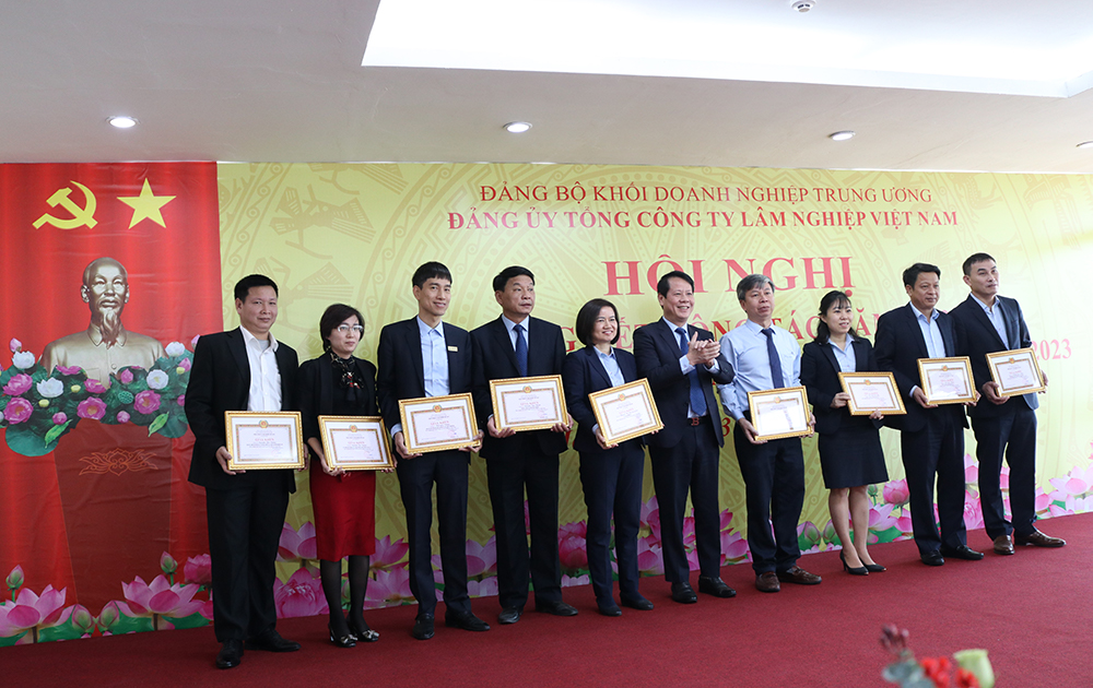 Đại diện lãnh đạo Đảng uỷ Tổng công ty Lâm nghiệp Việt Nam tặng Giấy khen cho các đảng viên hoàn thành xuất sắc nhiệm vụ năm 2022.
