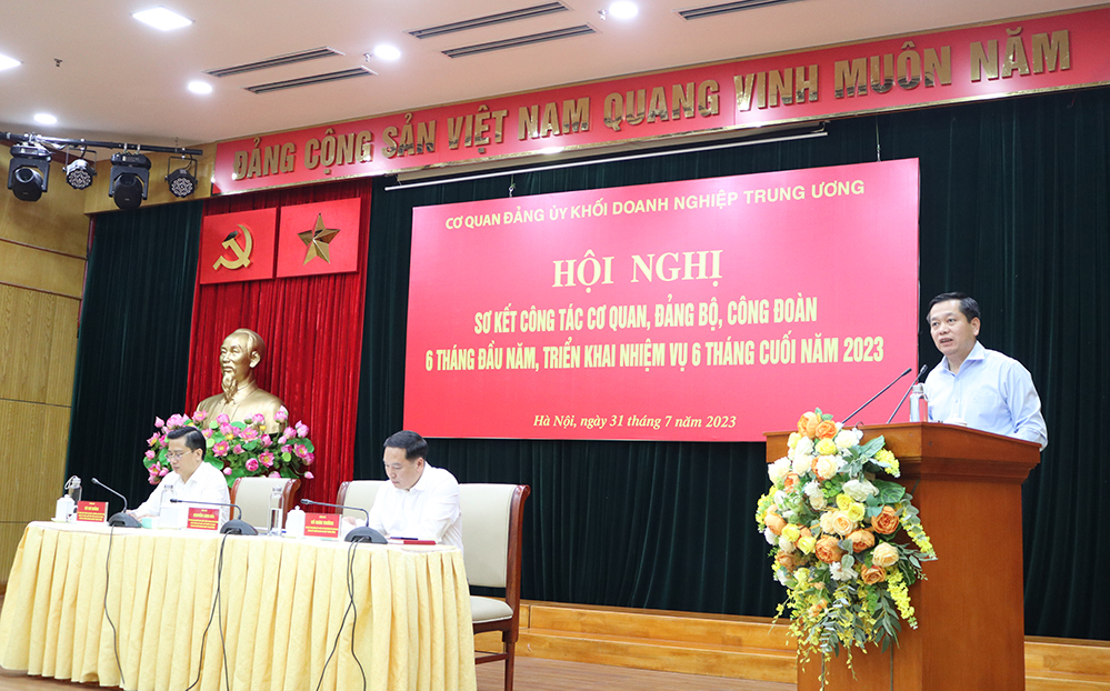 Đồng chí Nguyễn Long Hải, Ủy viên dự khuyết Trung ương Đảng, Bí thư Đảng ủy Khối Doanh nghiệp Trung ương  phát biểu tại Hội nghị.