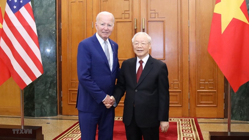 Tổng Bí thư Nguyễn Phú Trọng và Tổng thống Hoa Kỳ Joe Biden trước khi tiến hành hội đàm, chiều 10/9/2023. (Ảnh: TTXVN)