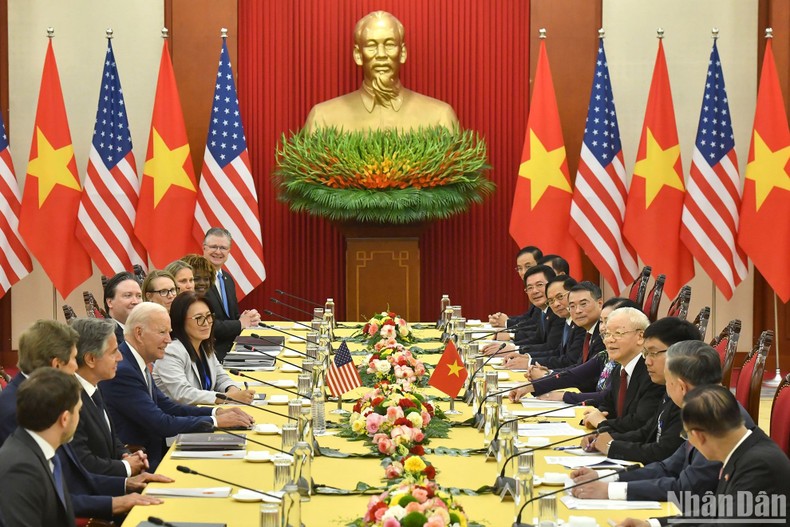 Tổng Bí thư Nguyễn Phú Trọng hội đàm với Tổng thống Hoa Kỳ Joe Biden, chiều 10/9/2023.