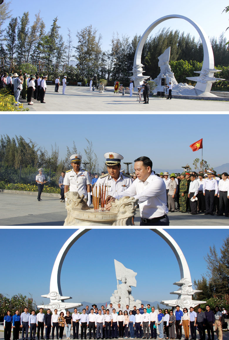 Đồng chí Hồ Xuân Trường – Phó Bí thư Đảng ủy Khối Doanh nghiệp Trung ương và đồng chí Chuẩn đô đốc Ngô Văn Thuân, Chính ủy Vùng 4 Hải quân dâng hương viếng Tượng đài chiến sĩ Gạc Ma. 